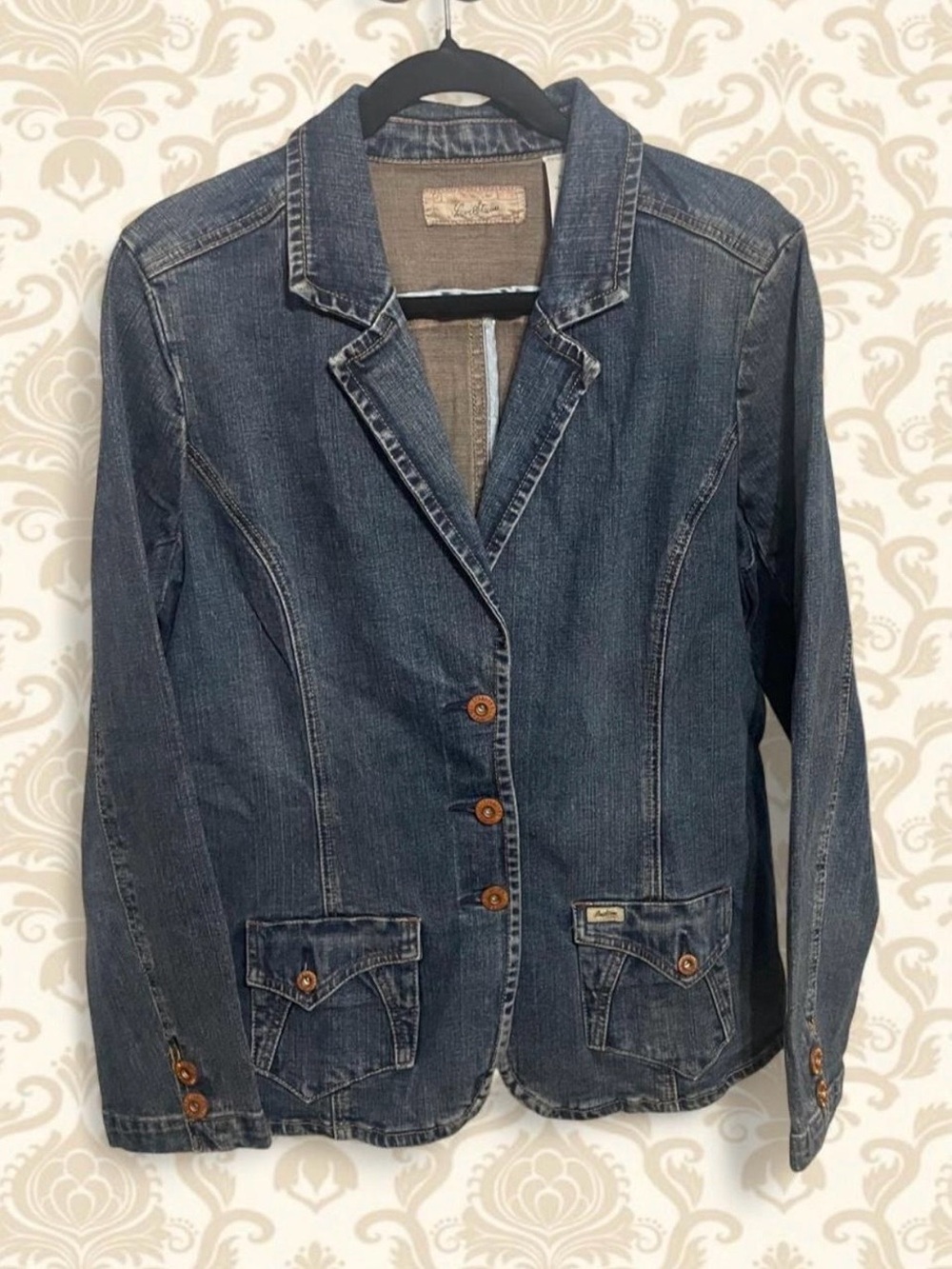 Denim Blazer Jacket - Dark Blue/Rinse color. Women's Denim Blazer.